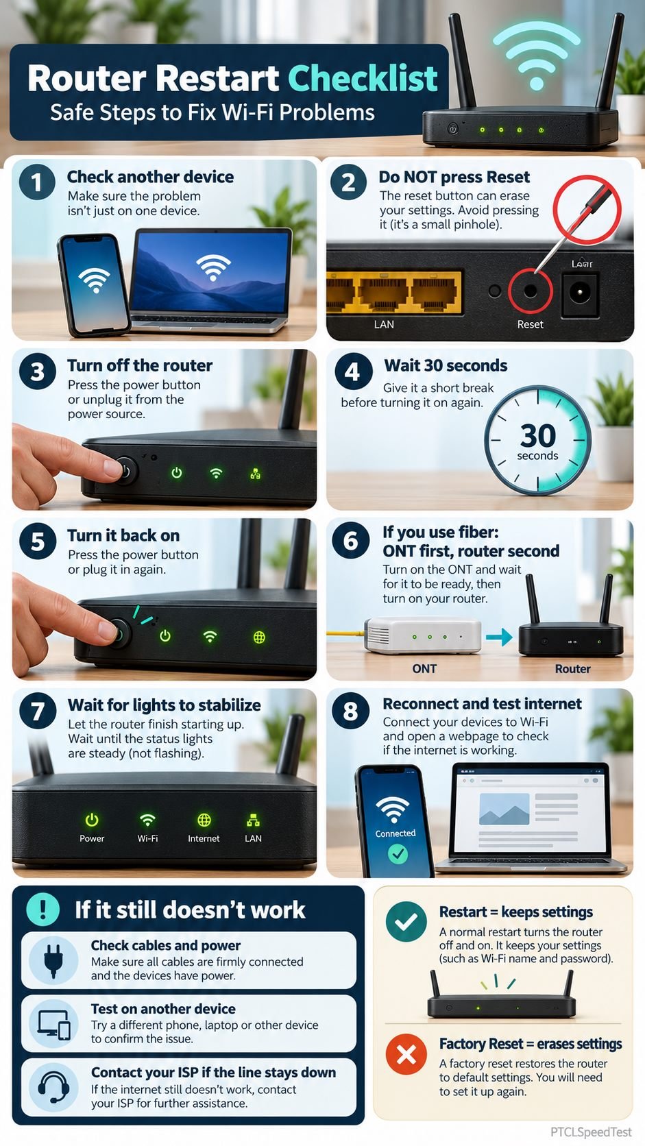 Eight-step infographic showing how to safely restart a router