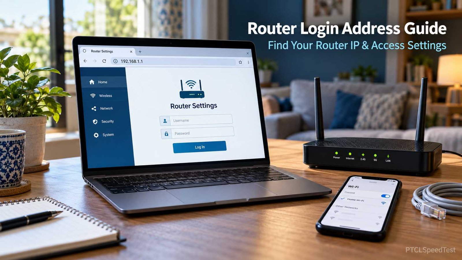 Laptop displaying a router login page beside a home Wi-Fi router