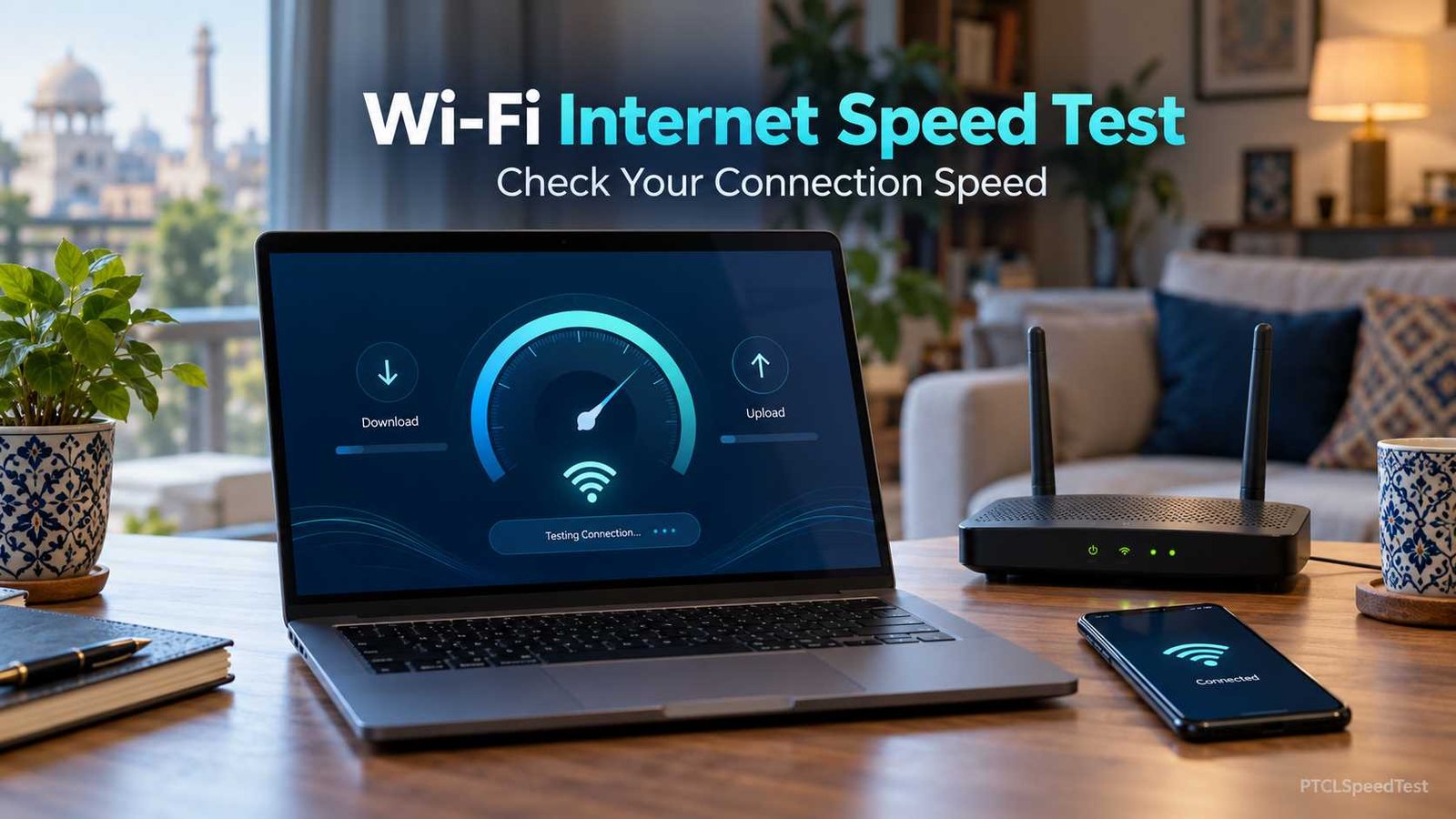 Laptop testing home Wi-Fi internet speed