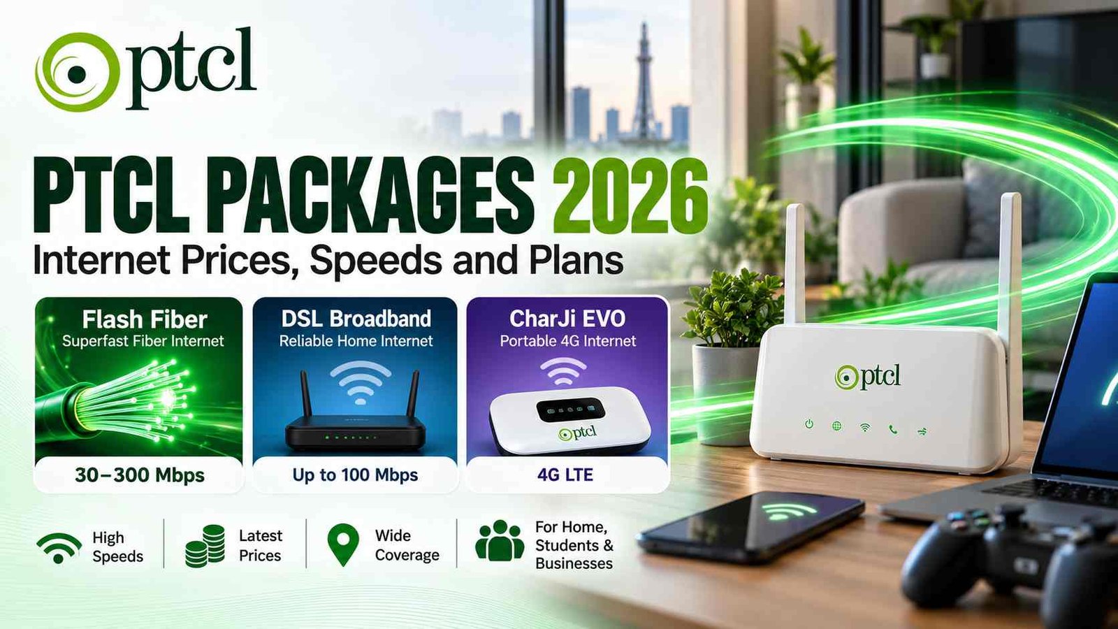 PTCL Packages 2026 featuring Flash Fiber, DSL broadband and CharJi EVO internet options.